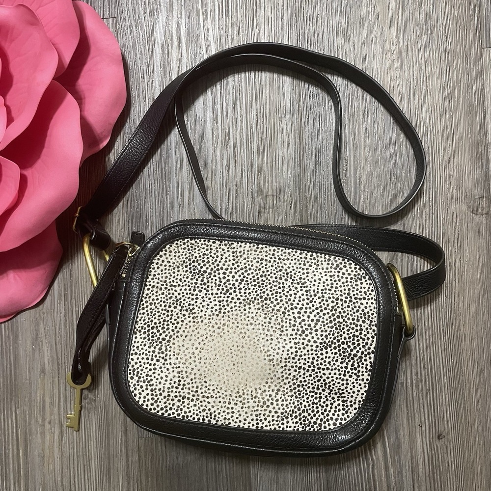 FOSSIL Elle Cheetah Camera Crossbody Bag Cowhide Calf Hair Leather Monogram
